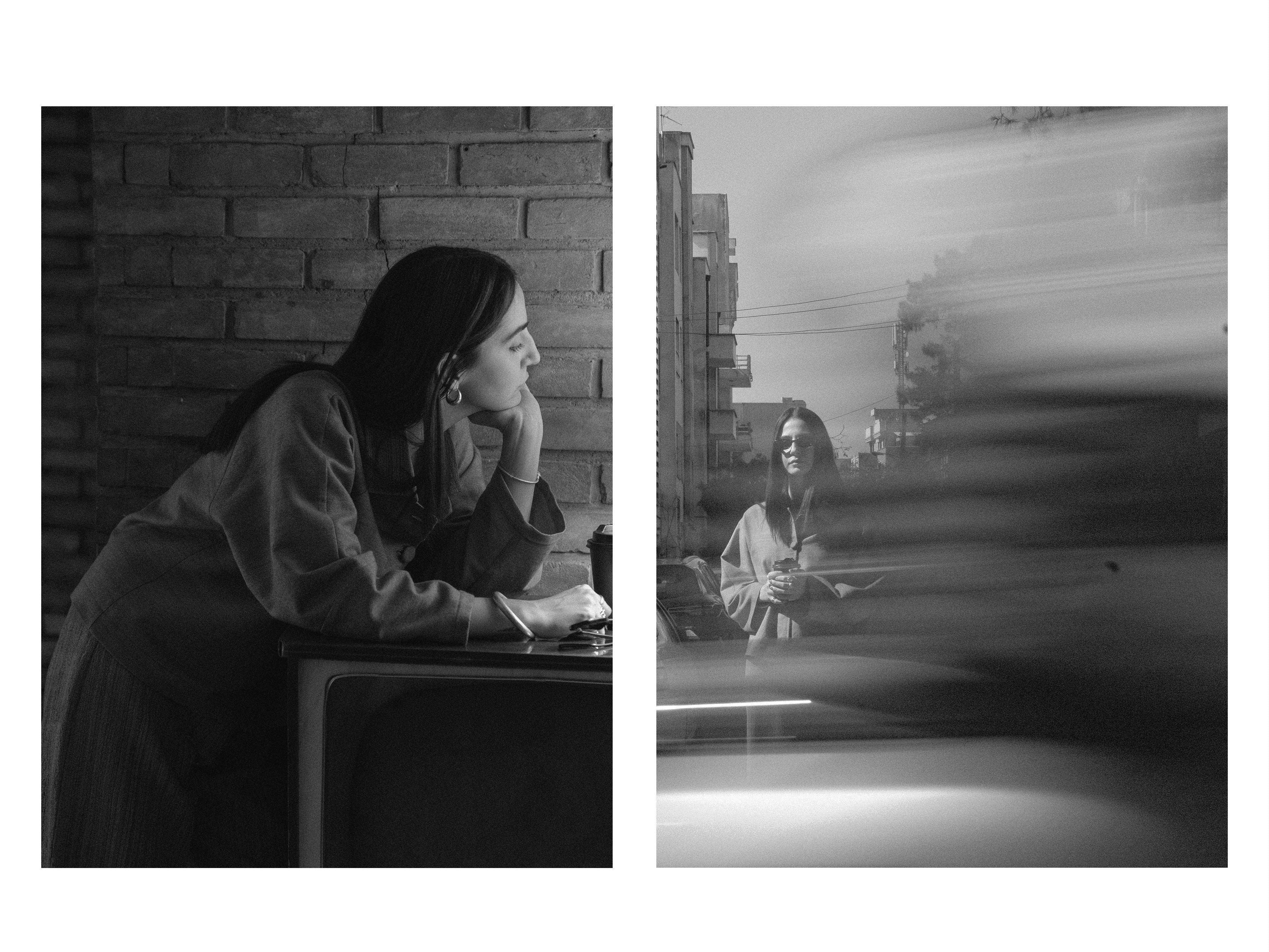 Black and white diptych: a woman leaning on a ledge against a brick wall, and the same woman seen through glass streaked with motion blur